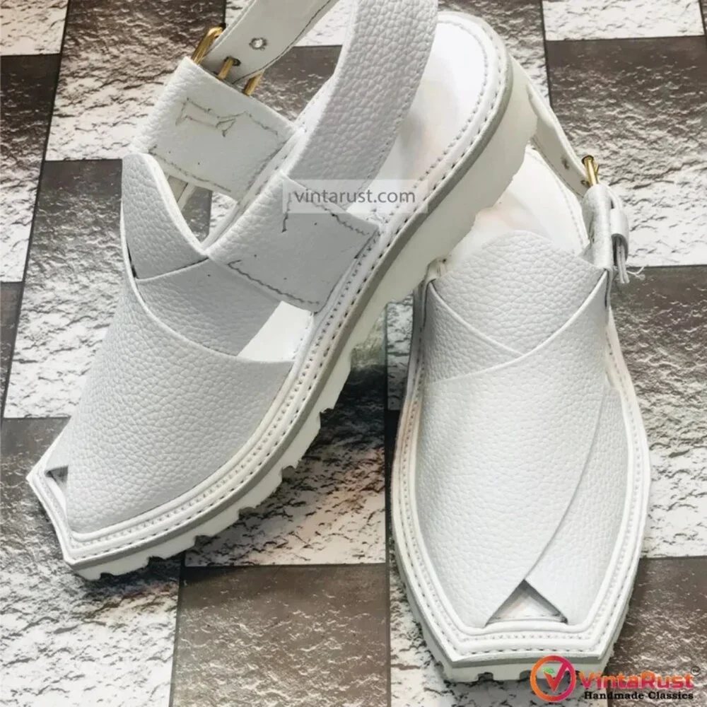 Premium White Peshawari Chappal, Handmade Pure Leather Kaptaan Chappal - Picture 1 of 6